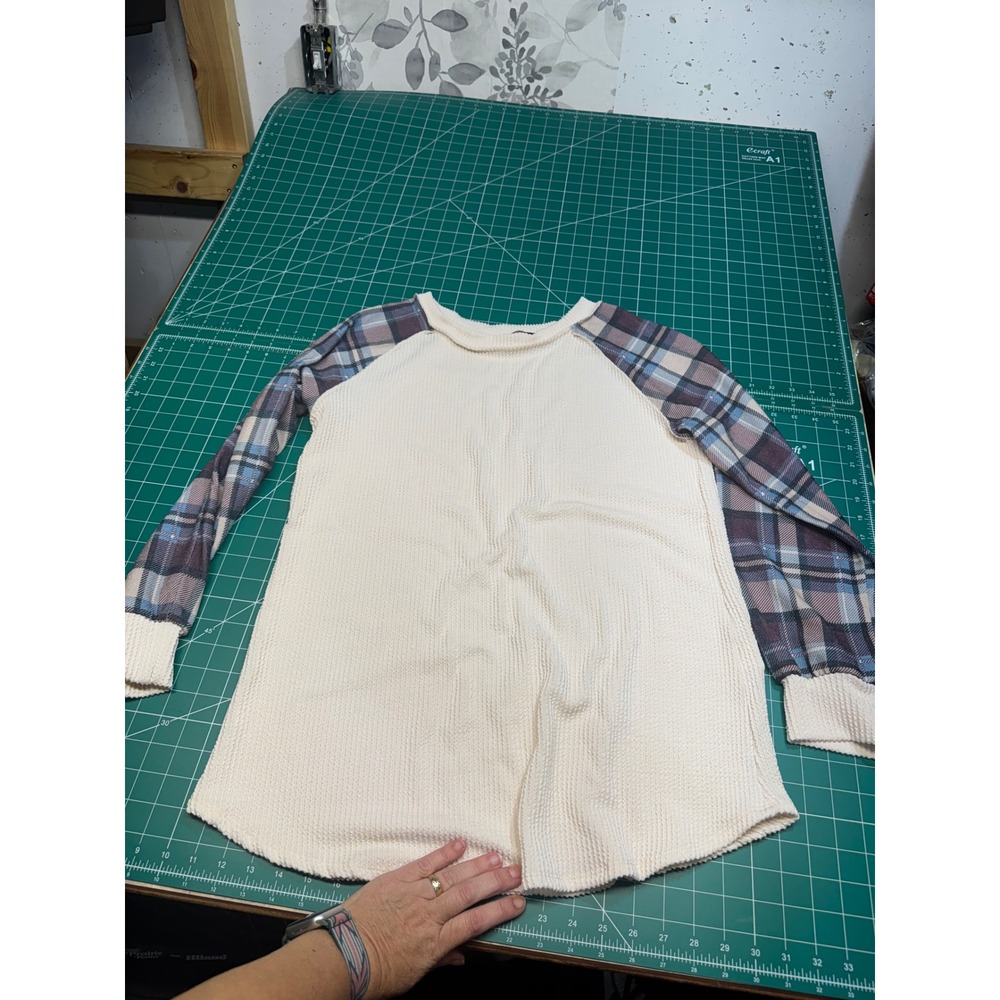 Heimish USA Womens Cream Waffle Knit Plaid Raglan Sleeve Thermal Top Size M